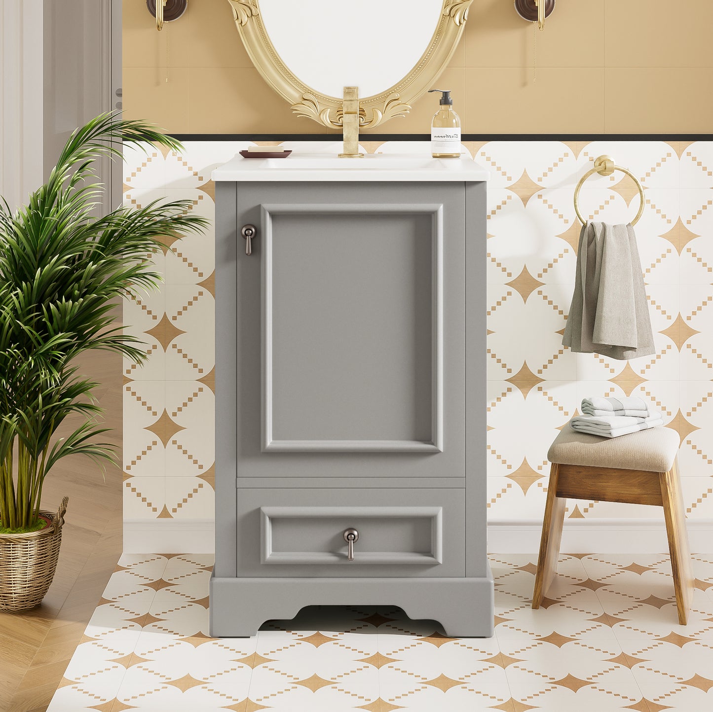 VanityFus Gray 20-in Bathroom Vanity Single Sink Combo Ceramic Top 1 Soft-Close Doors 1 Drawer Adjustable shelves