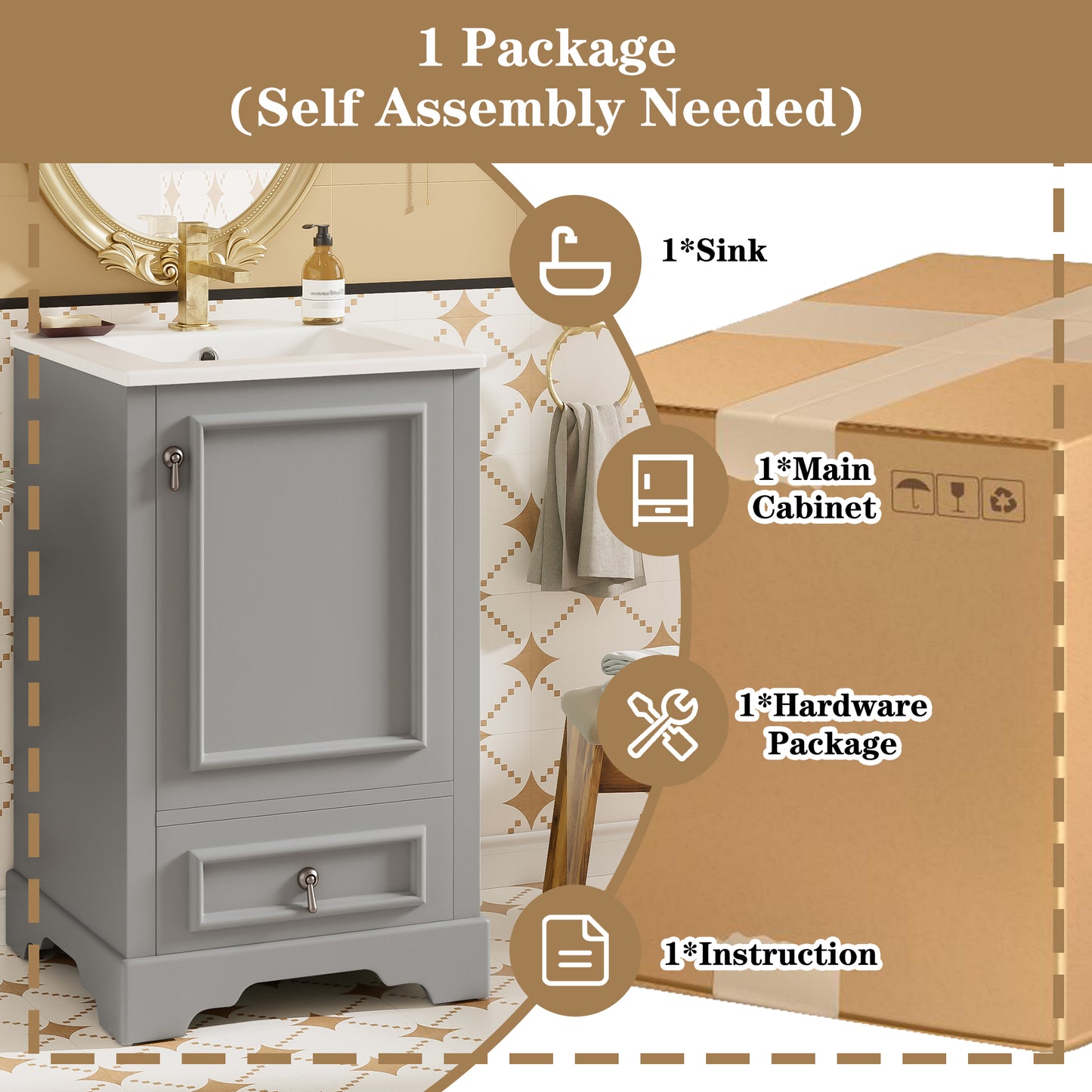 VanityFus Gray 20-in Bathroom Vanity Single Sink Combo Ceramic Top 1 Soft-Close Doors 1 Drawer Adjustable shelves