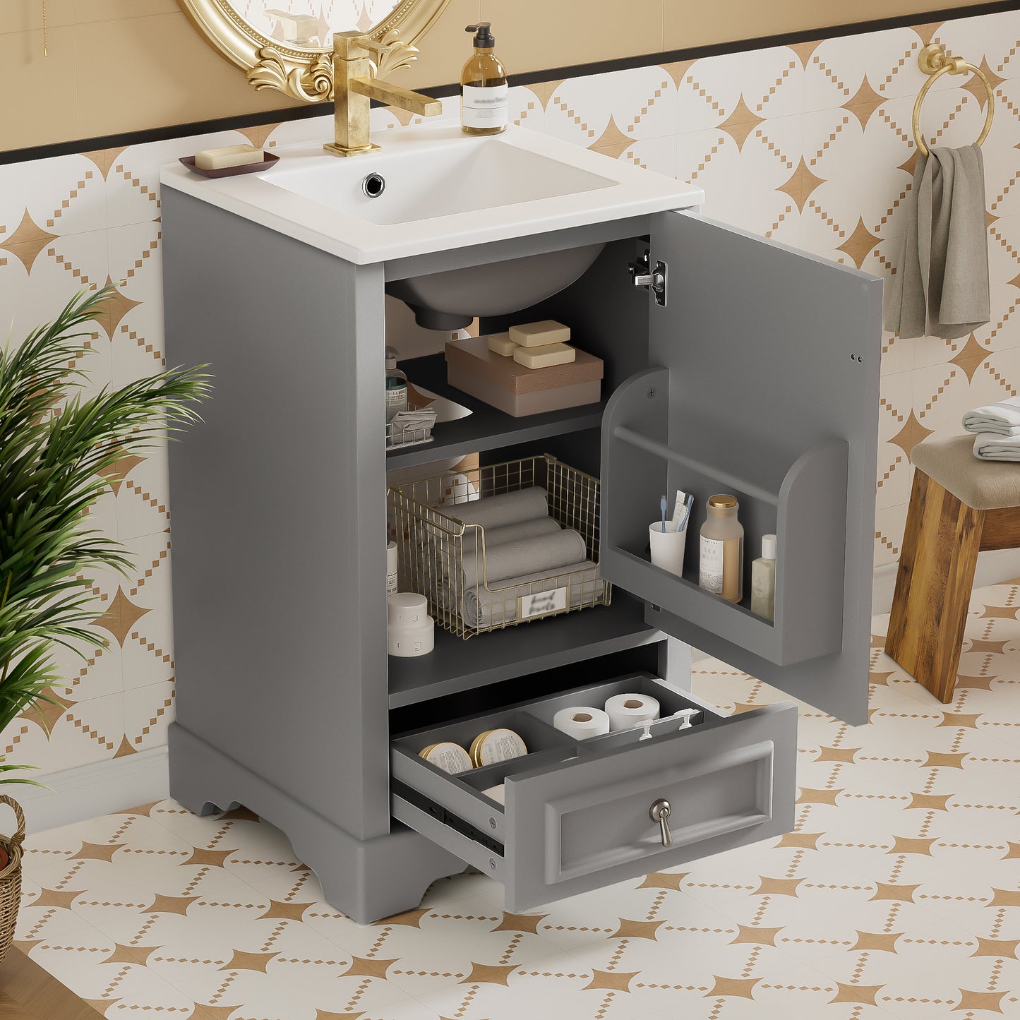 VanityFus Gray 20-in Bathroom Vanity Single Sink Combo Ceramic Top 1 Soft-Close Doors 1 Drawer Adjustable shelves