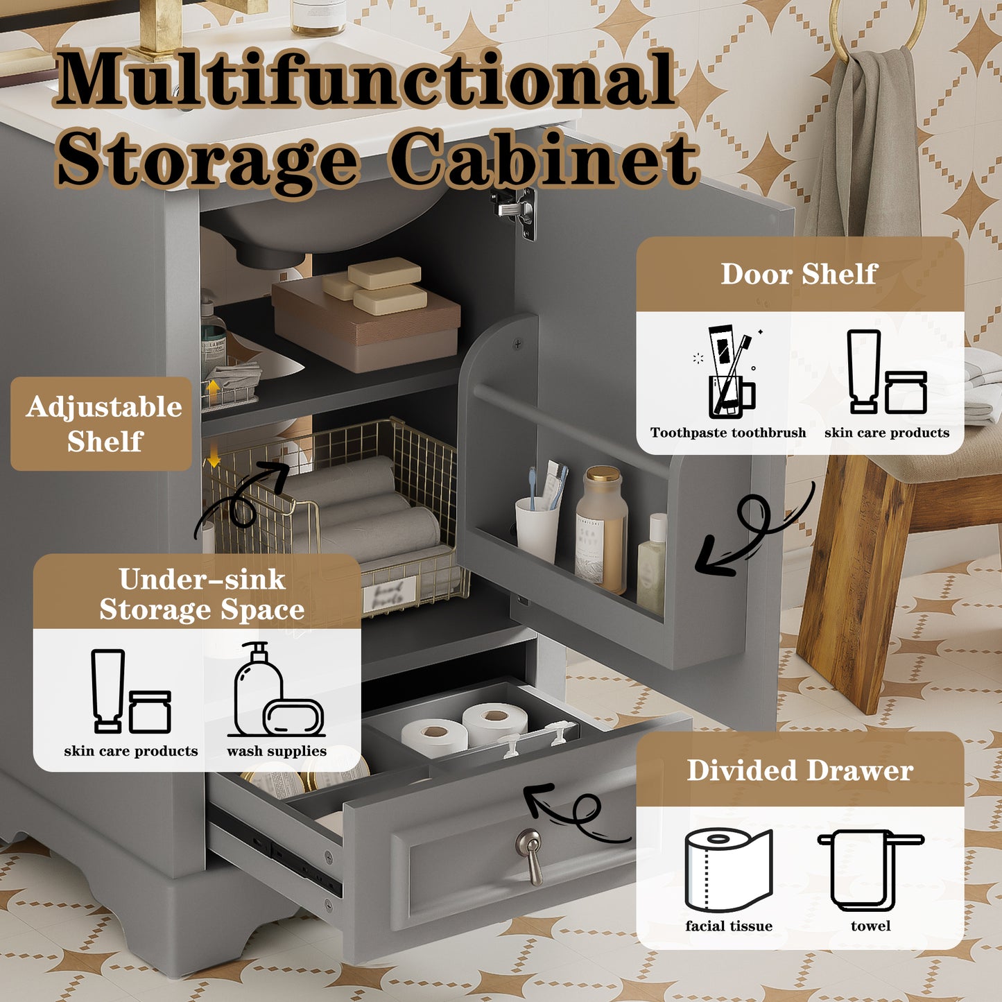 VanityFus Gray 20-in Bathroom Vanity Single Sink Combo Ceramic Top 1 Soft-Close Doors 1 Drawer Adjustable shelves