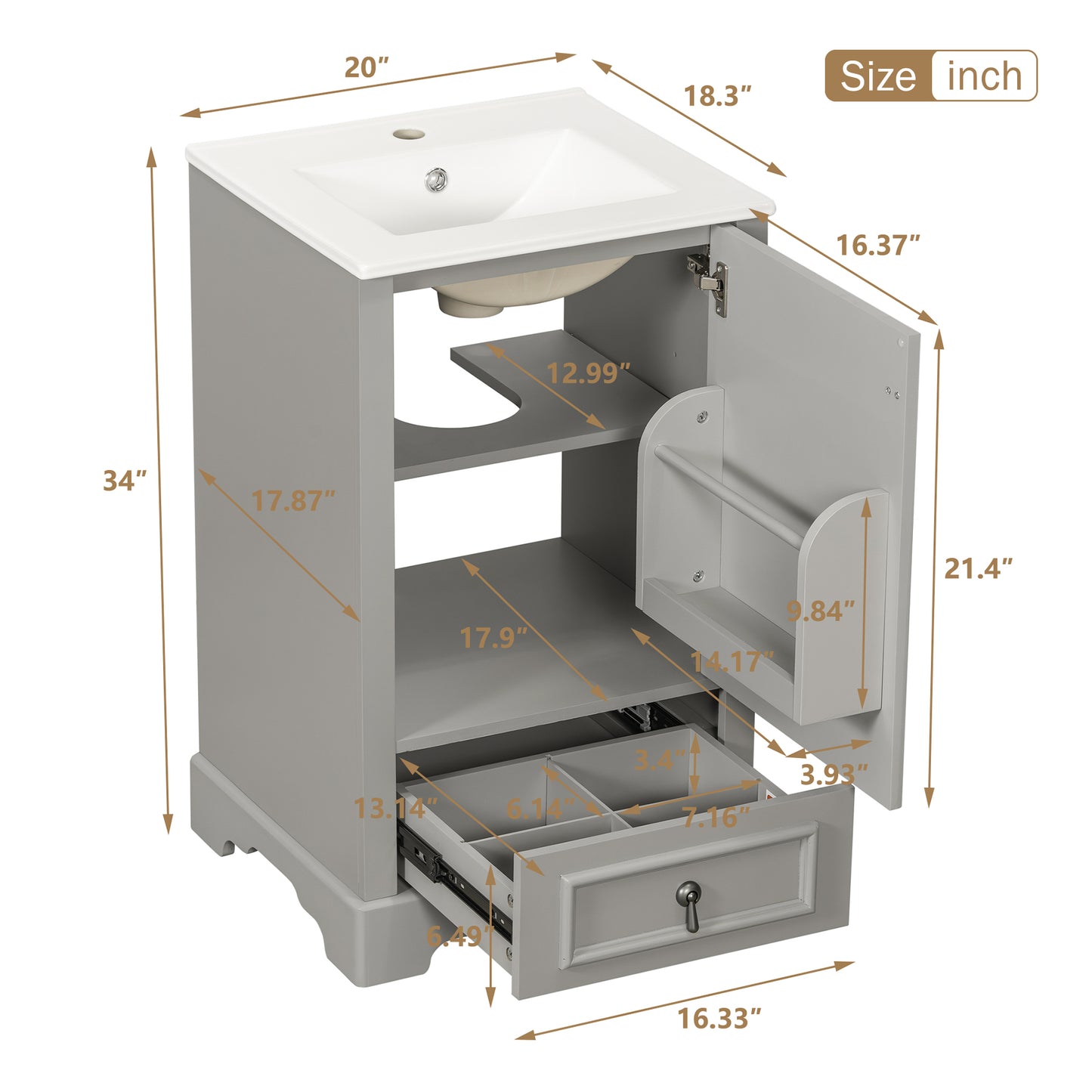 VanityFus Gray 20-in Bathroom Vanity Single Sink Combo Ceramic Top 1 Soft-Close Doors 1 Drawer Adjustable shelves