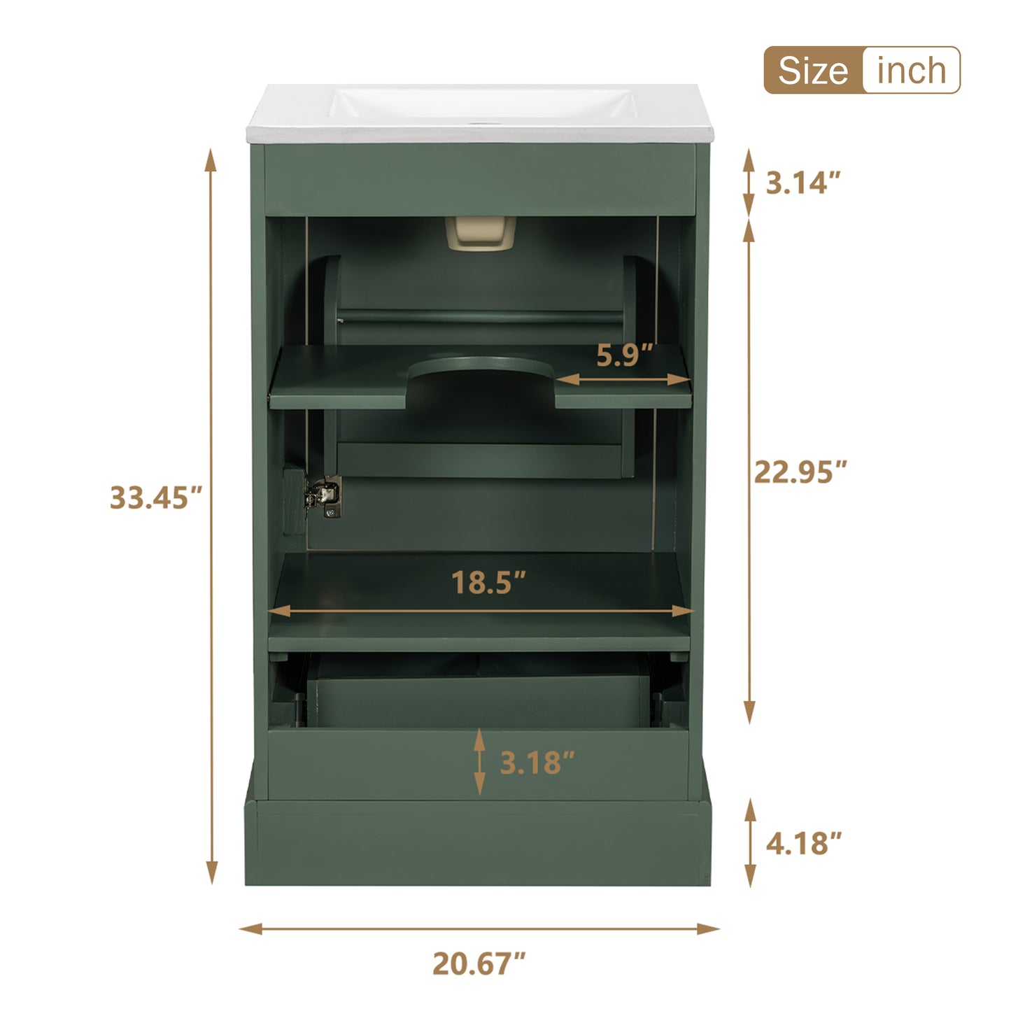 VanityFus Green 20-in Bathroom Vanity Single Sink Combo Ceramic Top 1 Soft-Close Doors 1 Drawer Adjustable shelves