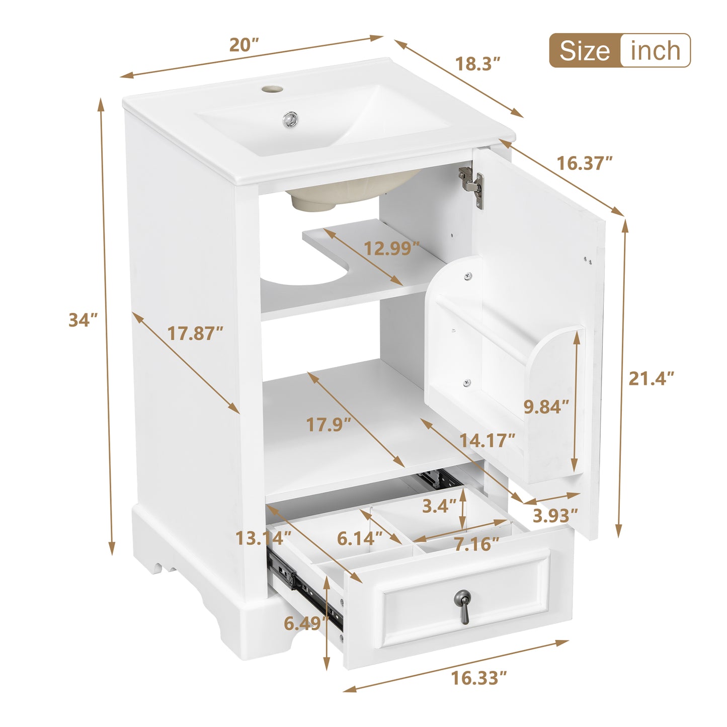 VanityFus White 20-in Bathroom Vanity Single Sink Combo Ceramic Top 1 Soft-Close Doors 1 Drawer Adjustable shelves