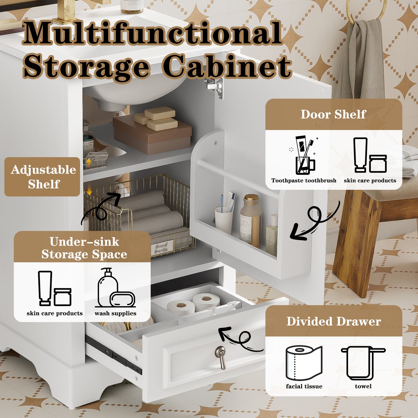 VanityFus White 20-in Bathroom Vanity Single Sink Combo Ceramic Top 1 Soft-Close Doors 1 Drawer Adjustable shelves