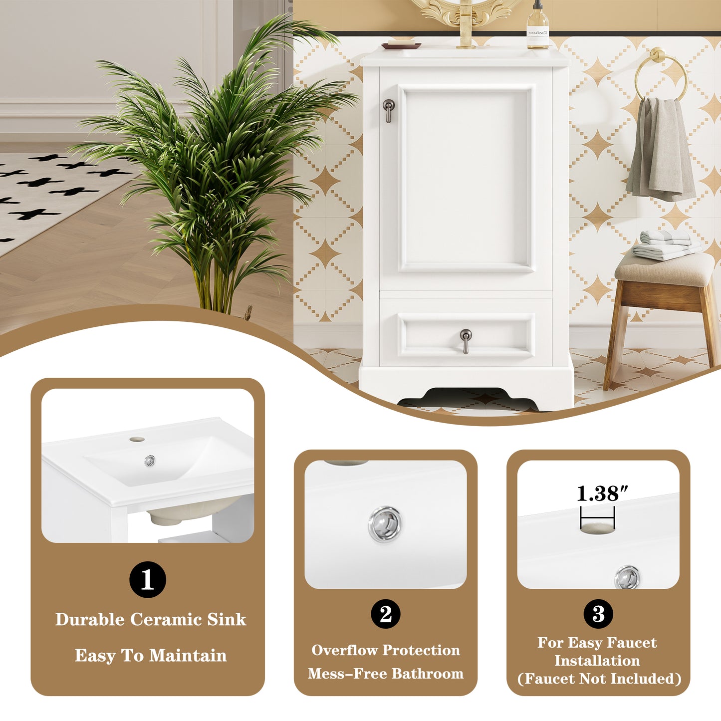 VanityFus White 20-in Bathroom Vanity Single Sink Combo Ceramic Top 1 Soft-Close Doors 1 Drawer Adjustable shelves