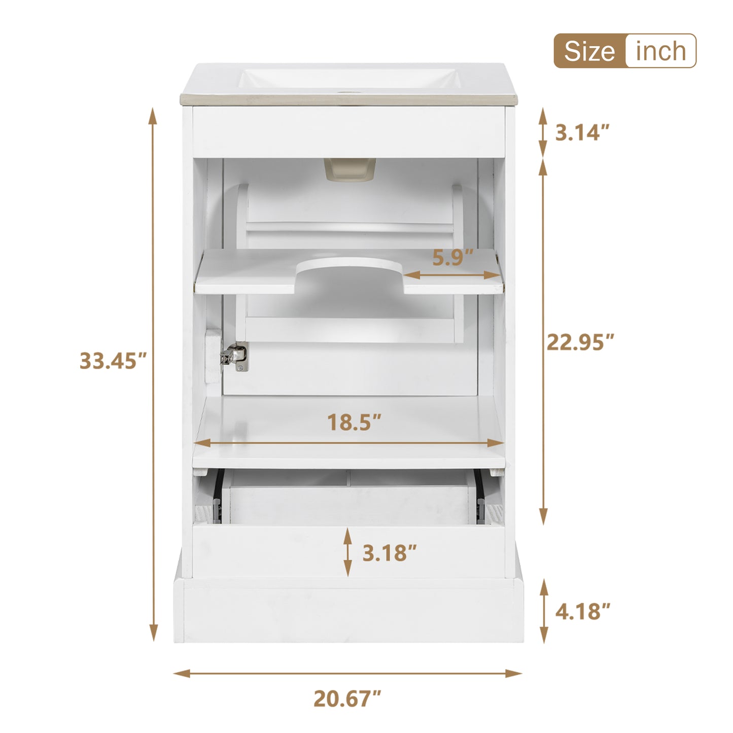 VanityFus White 20-in Bathroom Vanity Single Sink Combo Ceramic Top 1 Soft-Close Doors 1 Drawer Adjustable shelves
