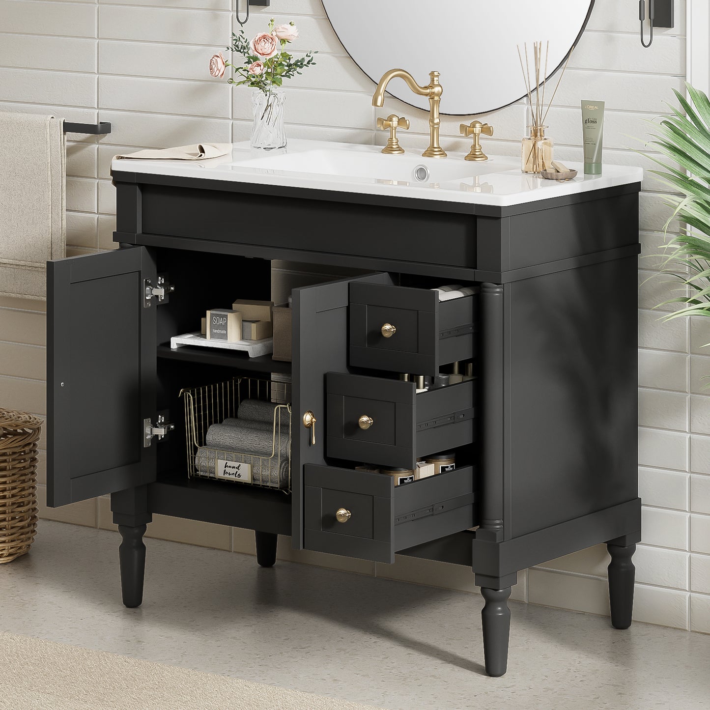 VanityFus Black 36-in Bathroom Vanity Single Sink Combo Ceramic Top 2 Soft-Close Doors 3 Drawers Adjustable Shelves