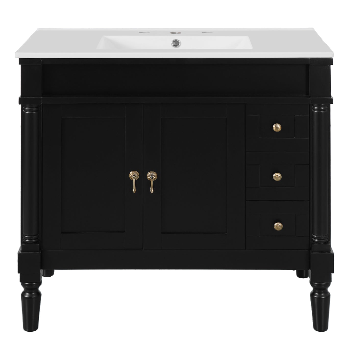 VanityFus Black 36-in Bathroom Vanity Single Sink Combo Ceramic Top 2 Soft-Close Doors 3 Drawers Adjustable Shelves