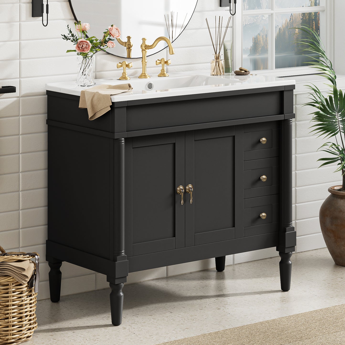 VanityFus Black 36-in Bathroom Vanity Single Sink Combo Ceramic Top 2 Soft-Close Doors 3 Drawers Adjustable Shelves