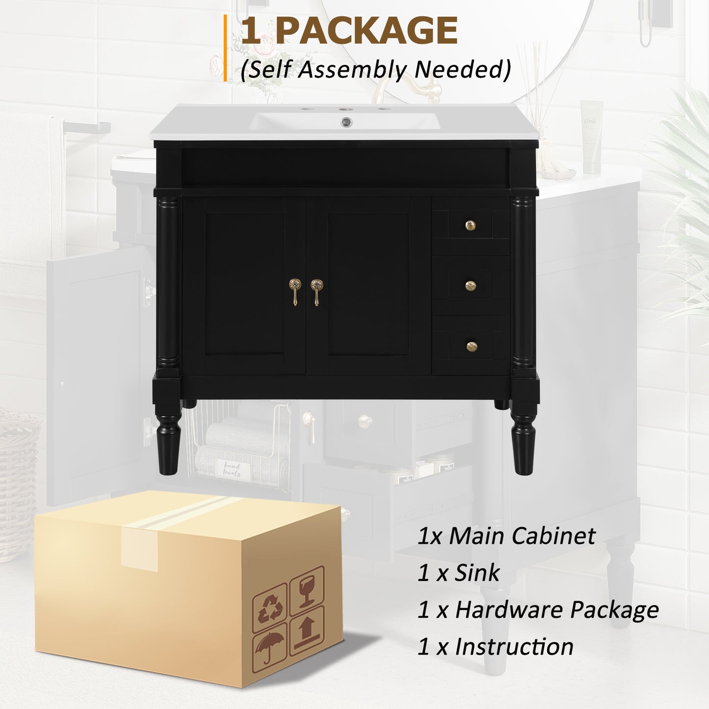 VanityFus Black 36-in Bathroom Vanity Single Sink Combo Ceramic Top 2 Soft-Close Doors 3 Drawers Adjustable Shelves
