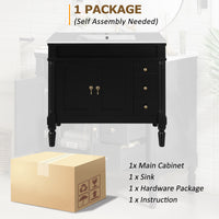 VanityFus Black 36-in Bathroom Vanity Single Sink Combo Ceramic Top 2 Soft-Close Doors 3 Drawers Adjustable Shelves