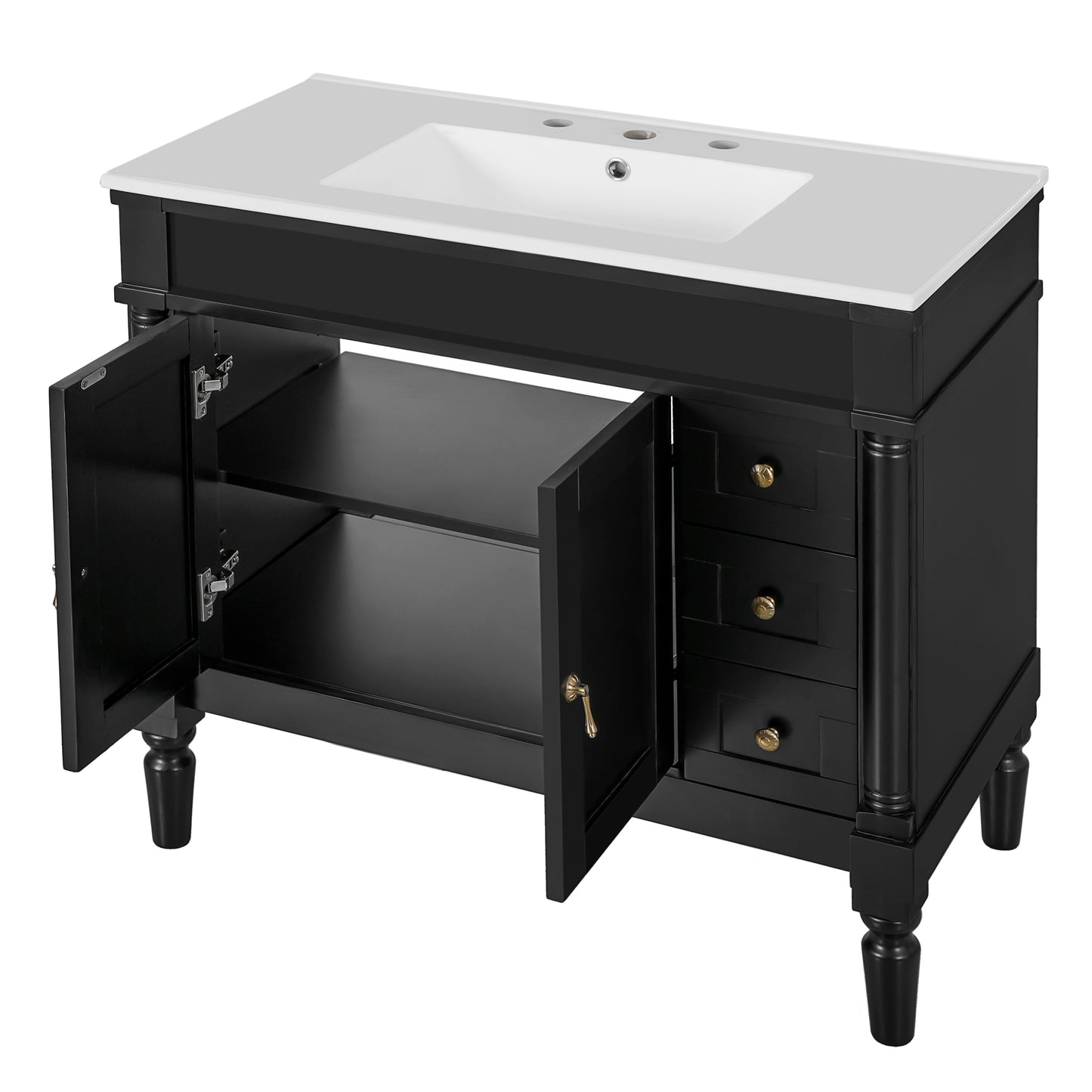 VanityFus Black 36-in Bathroom Vanity Single Sink Combo Ceramic Top 2 Soft-Close Doors 3 Drawers Adjustable Shelves