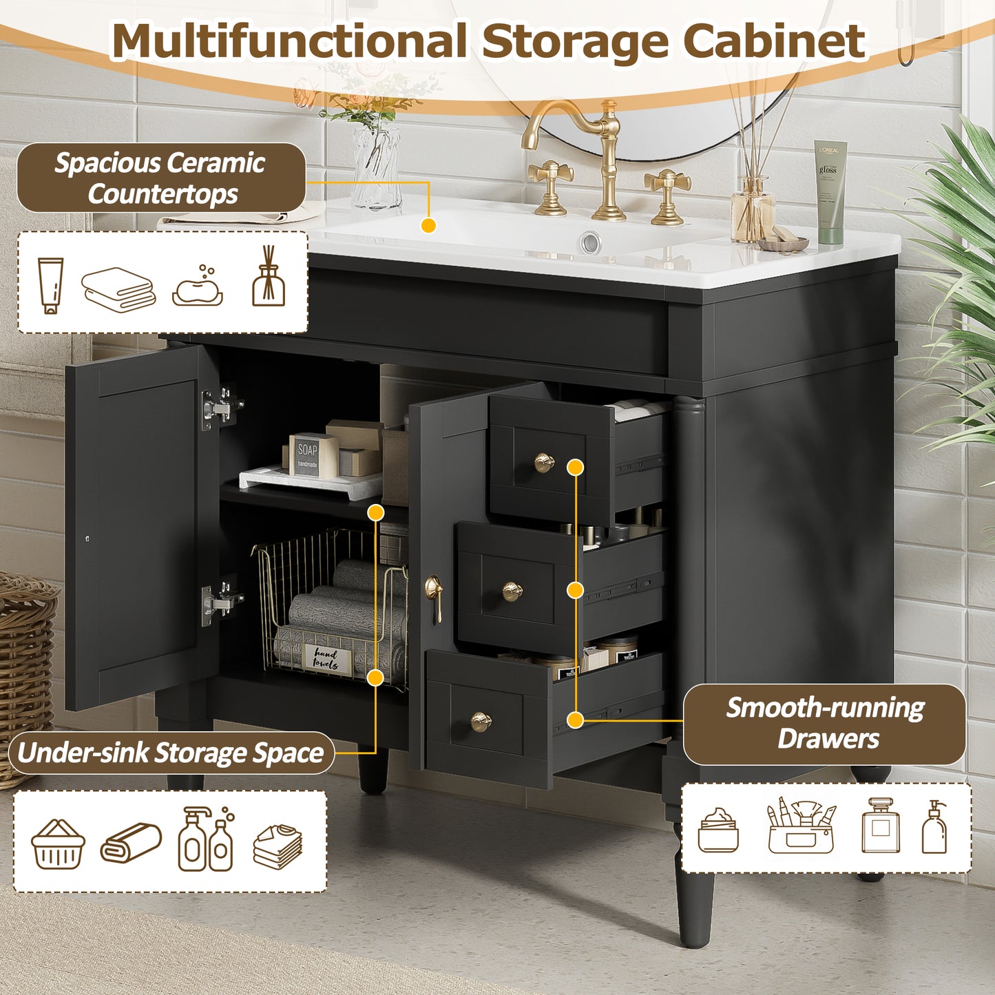 VanityFus Black 36-in Bathroom Vanity Single Sink Combo Ceramic Top 2 Soft-Close Doors 3 Drawers Adjustable Shelves