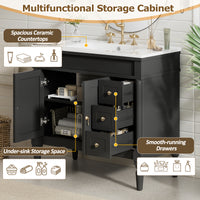 VanityFus Black 36-in Bathroom Vanity Single Sink Combo Ceramic Top 2 Soft-Close Doors 3 Drawers Adjustable Shelves
