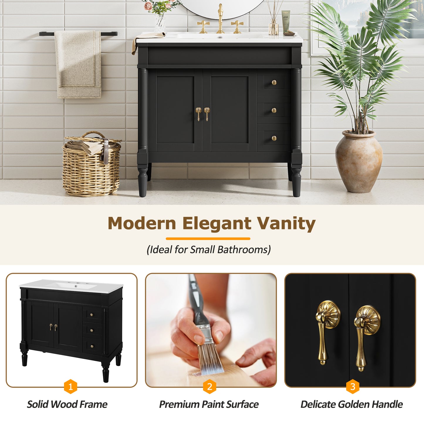 VanityFus Black 36-in Bathroom Vanity Single Sink Combo Ceramic Top 2 Soft-Close Doors 3 Drawers Adjustable Shelves