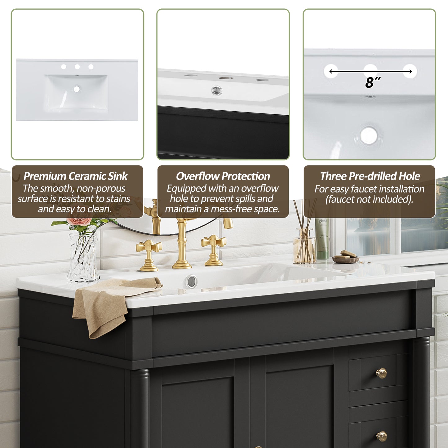 VanityFus Black 36-in Bathroom Vanity Single Sink Combo Ceramic Top 2 Soft-Close Doors 3 Drawers Adjustable Shelves