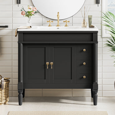 VanityFus Black 36-in Bathroom Vanity Single Sink Combo Ceramic Top 2 Soft-Close Doors 3 Drawers Adjustable Shelves