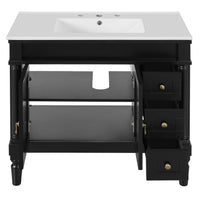 VanityFus Black 36-in Bathroom Vanity Single Sink Combo Ceramic Top 2 Soft-Close Doors 3 Drawers Adjustable Shelves