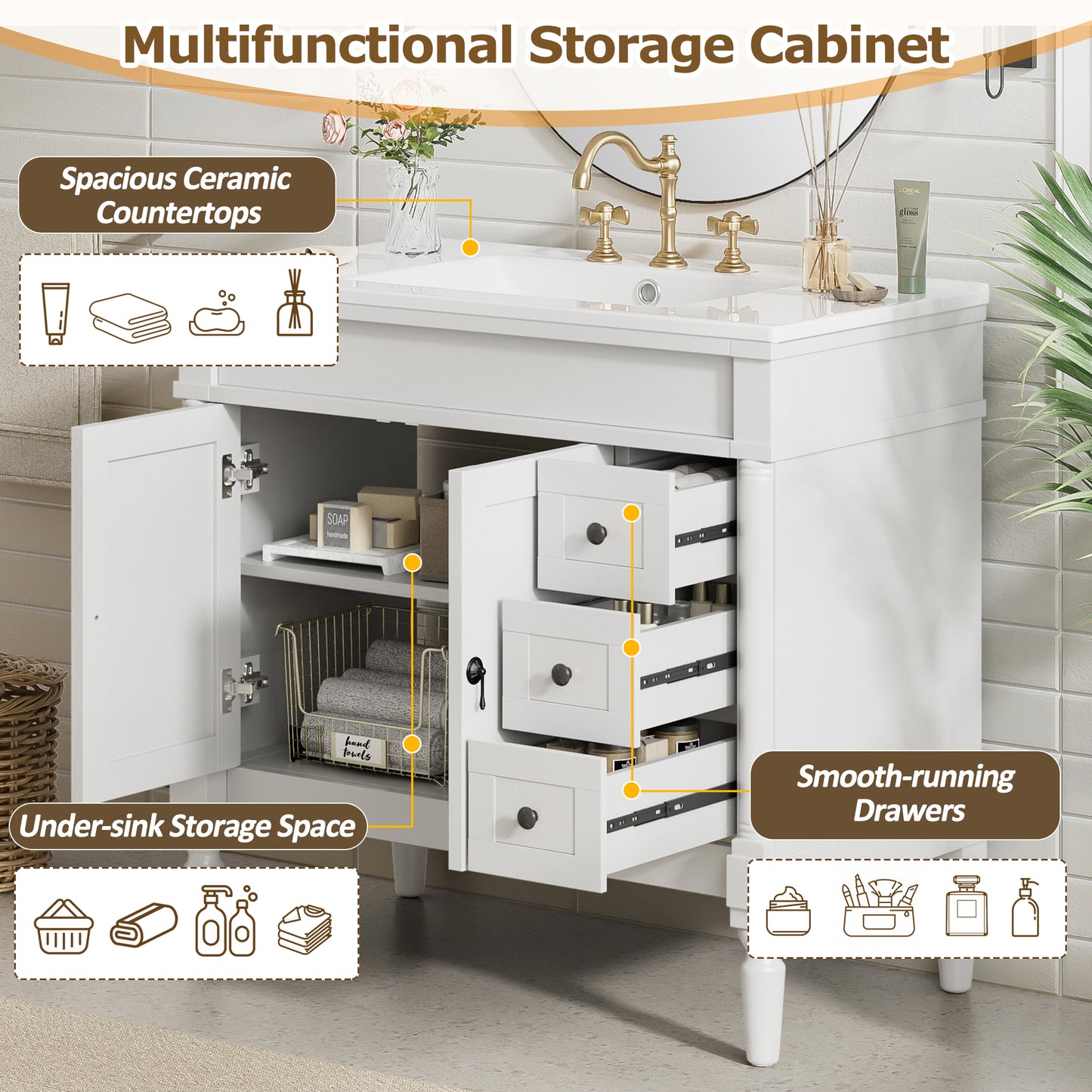 VanityFus White 36-in Bathroom Vanity Single Sink Combo Ceramic Top 2 Soft-Close Doors 3 Drawers Adjustable Shelves