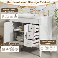 VanityFus White 36-in Bathroom Vanity Single Sink Combo Ceramic Top 2 Soft-Close Doors 3 Drawers Adjustable Shelves