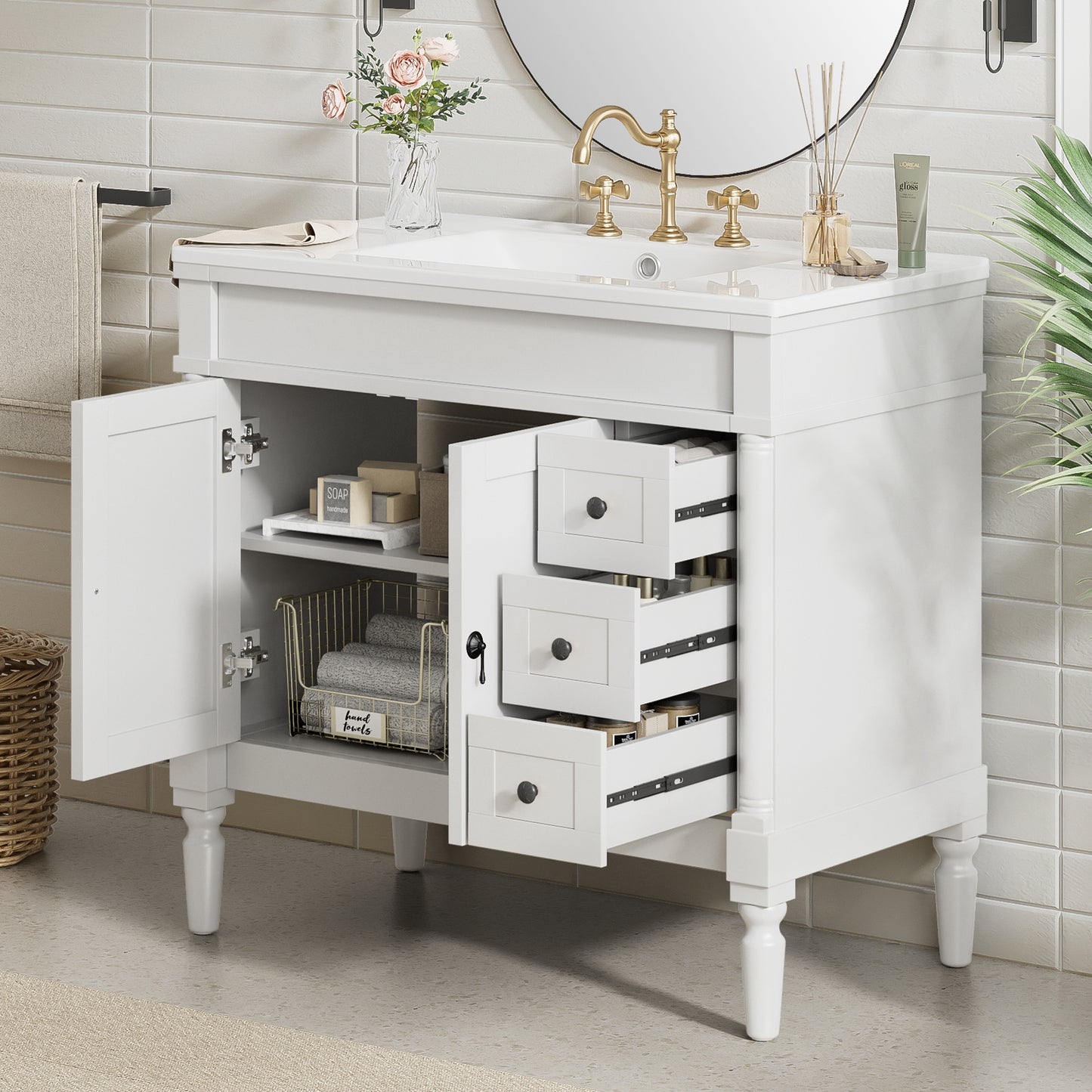 VanityFus White 36-in Bathroom Vanity Single Sink Combo Ceramic Top 2 Soft-Close Doors 3 Drawers Adjustable Shelves