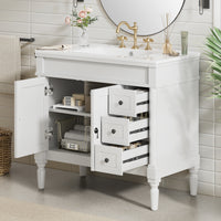 VanityFus White 36-in Bathroom Vanity Single Sink Combo Ceramic Top 2 Soft-Close Doors 3 Drawers Adjustable Shelves
