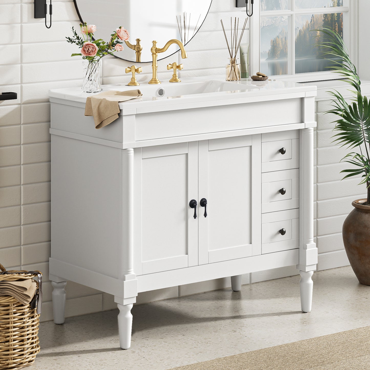 VanityFus White 36-in Bathroom Vanity Single Sink Combo Ceramic Top 2 Soft-Close Doors 3 Drawers Adjustable Shelves