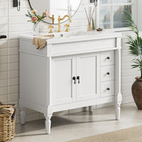 VanityFus White 36-in Bathroom Vanity Single Sink Combo Ceramic Top 2 Soft-Close Doors 3 Drawers Adjustable Shelves