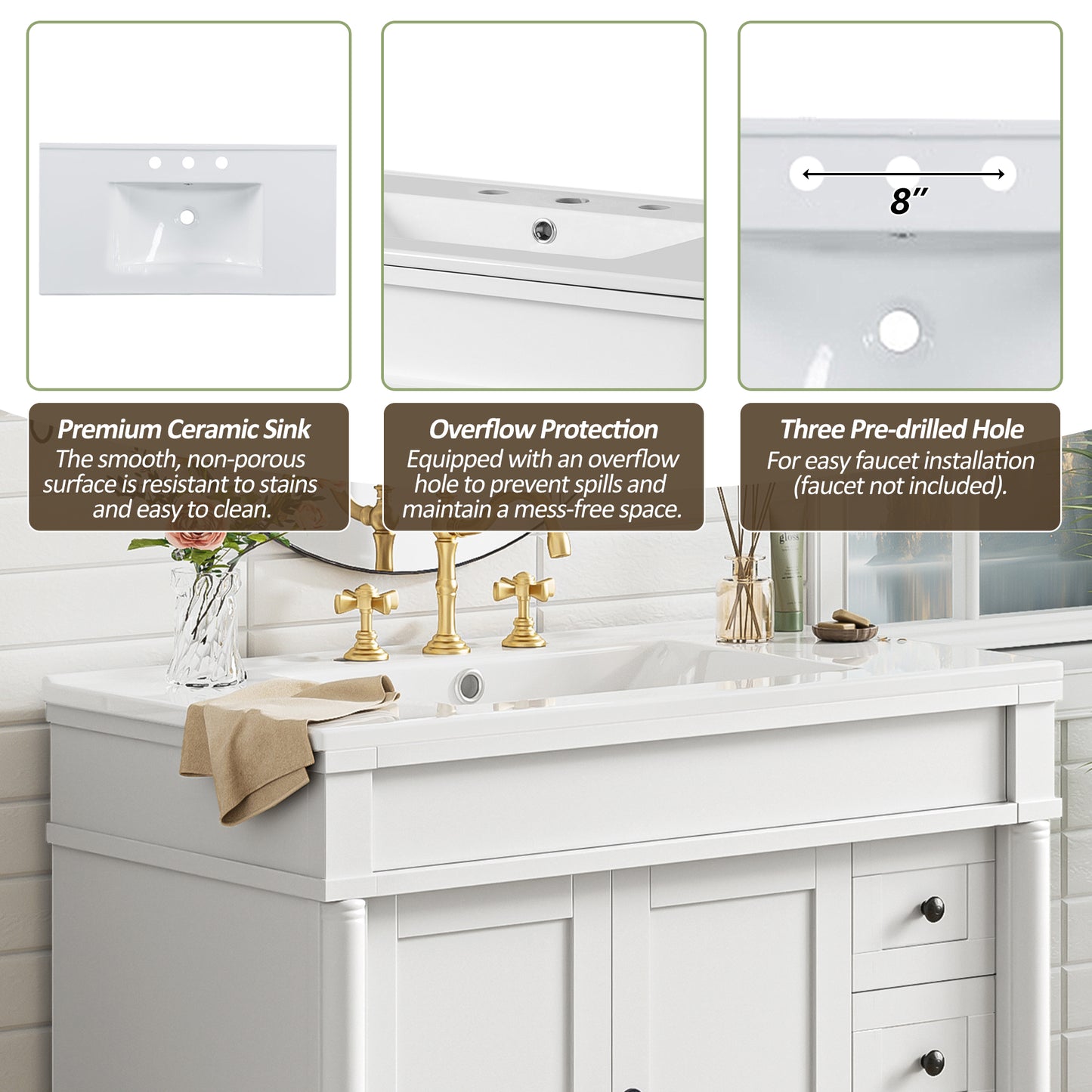 VanityFus White 36-in Bathroom Vanity Single Sink Combo Ceramic Top 2 Soft-Close Doors 3 Drawers Adjustable Shelves