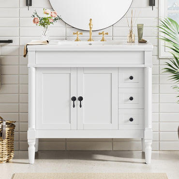 VanityFus White 36-in Bathroom Vanity Single Sink Combo Ceramic Top 2 Soft-Close Doors 3 Drawers Adjustable Shelves