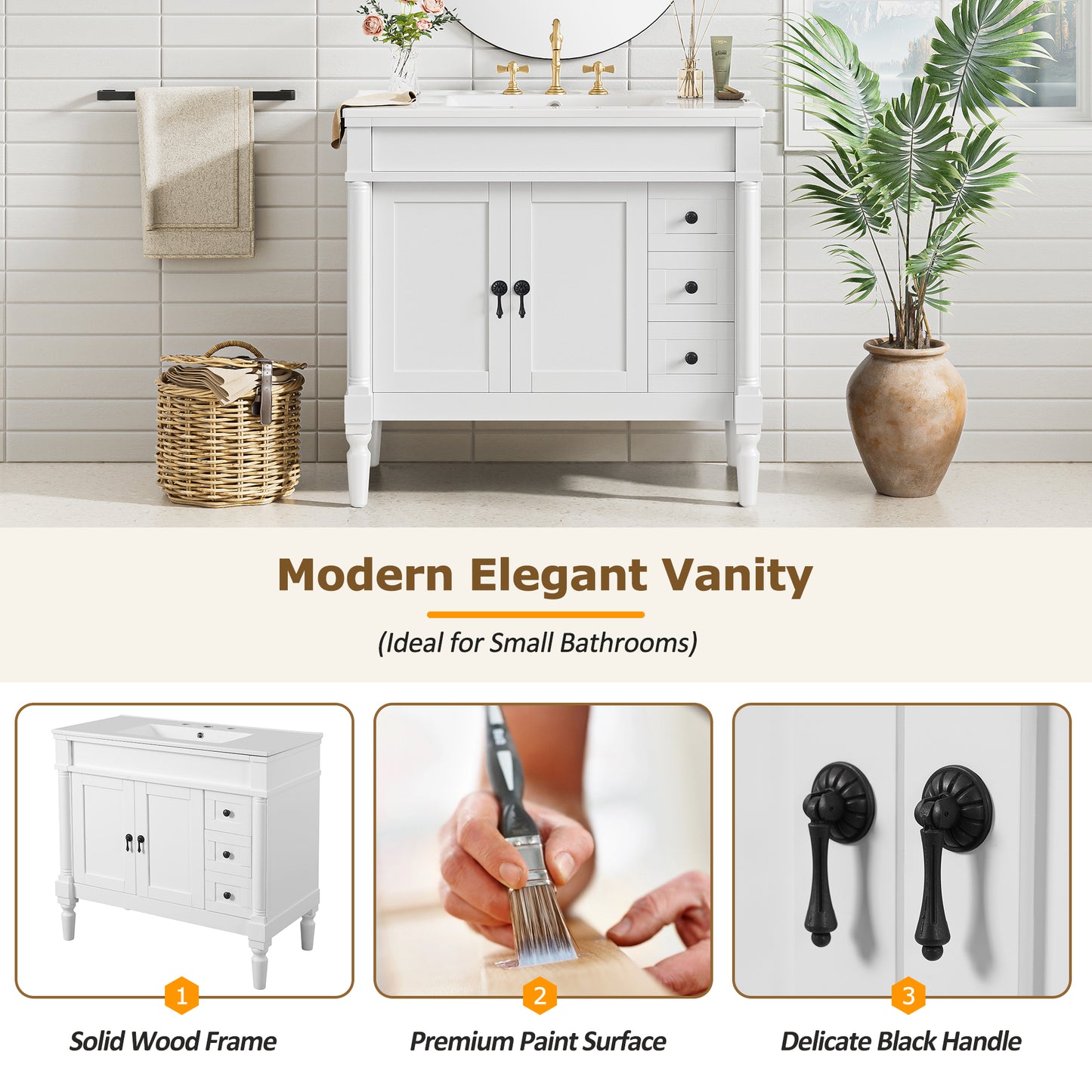 VanityFus White 36-in Bathroom Vanity Single Sink Combo Ceramic Top 2 Soft-Close Doors 3 Drawers Adjustable Shelves