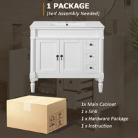 VanityFus White 36-in Bathroom Vanity Single Sink Combo Ceramic Top 2 Soft-Close Doors 3 Drawers Adjustable Shelves