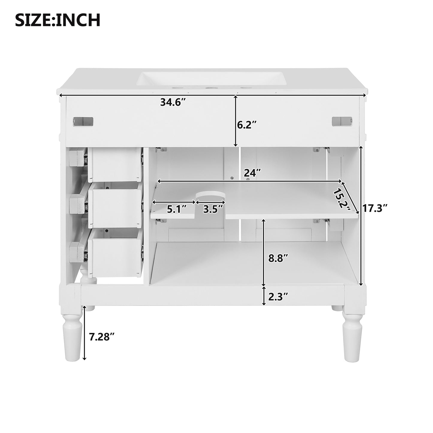 VanityFus White 36-in Bathroom Vanity Single Sink Combo Ceramic Top 2 Soft-Close Doors 3 Drawers Adjustable Shelves