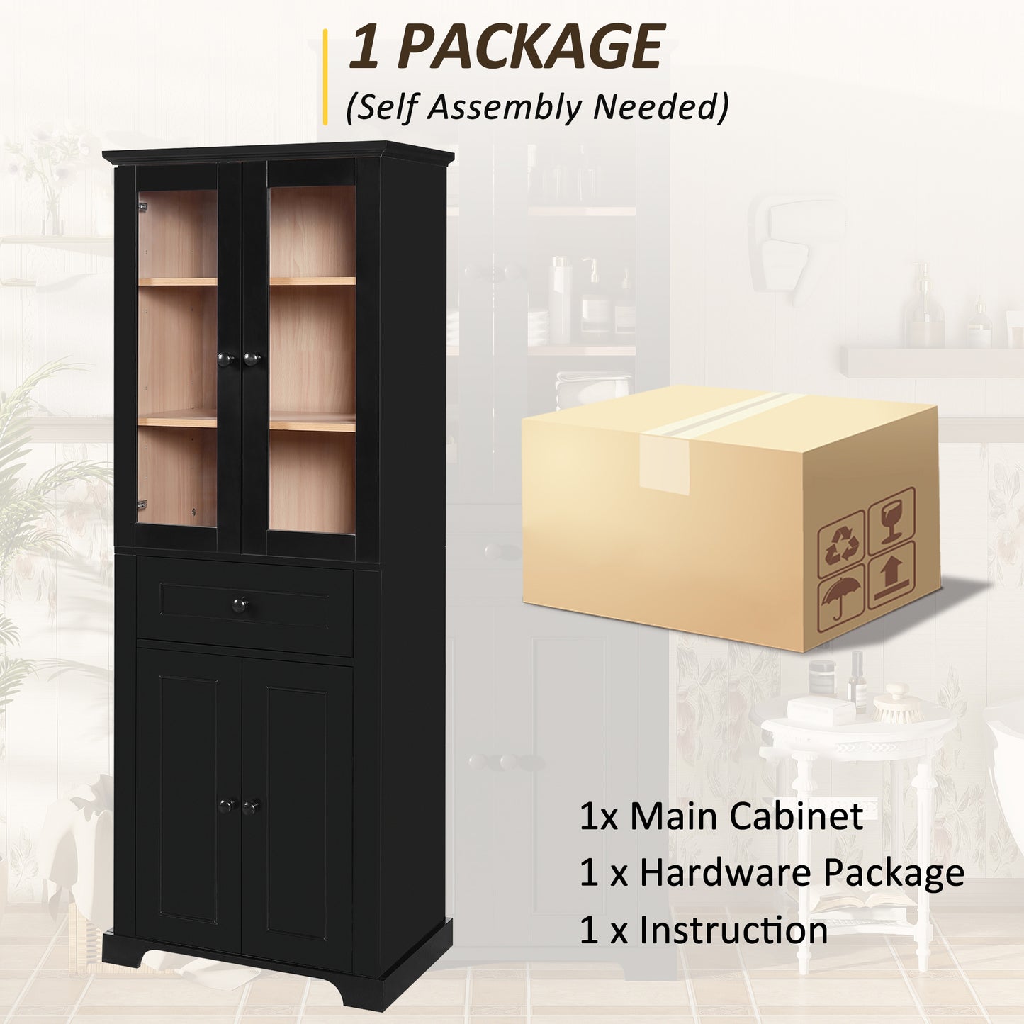 VanityFus Black 15.67-in x 23.96-in x 67.57-in Wood Freestanding Soft Close Linen Cabinet adjustable shelves 4 Soft close doors 1 drawers