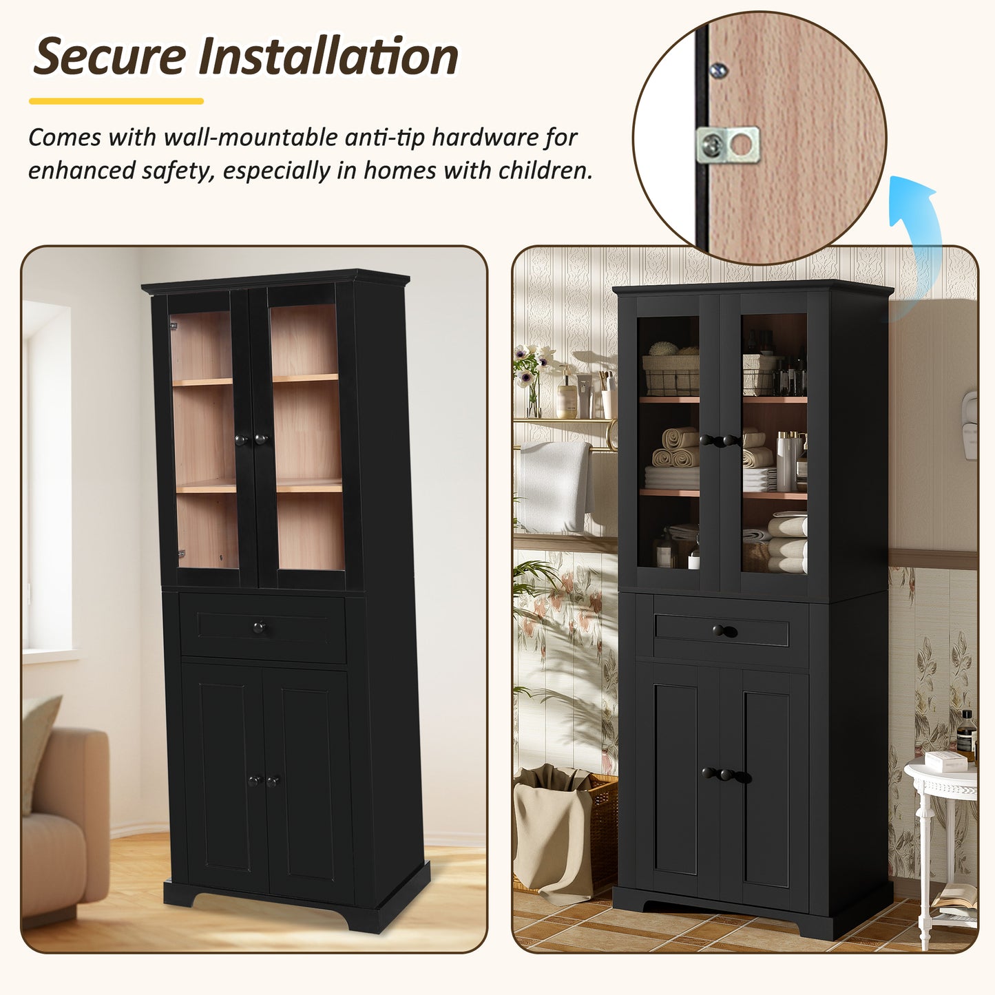 VanityFus Black 15.67-in x 23.96-in x 67.57-in Wood Freestanding Soft Close Linen Cabinet adjustable shelves 4 Soft close doors 1 drawers