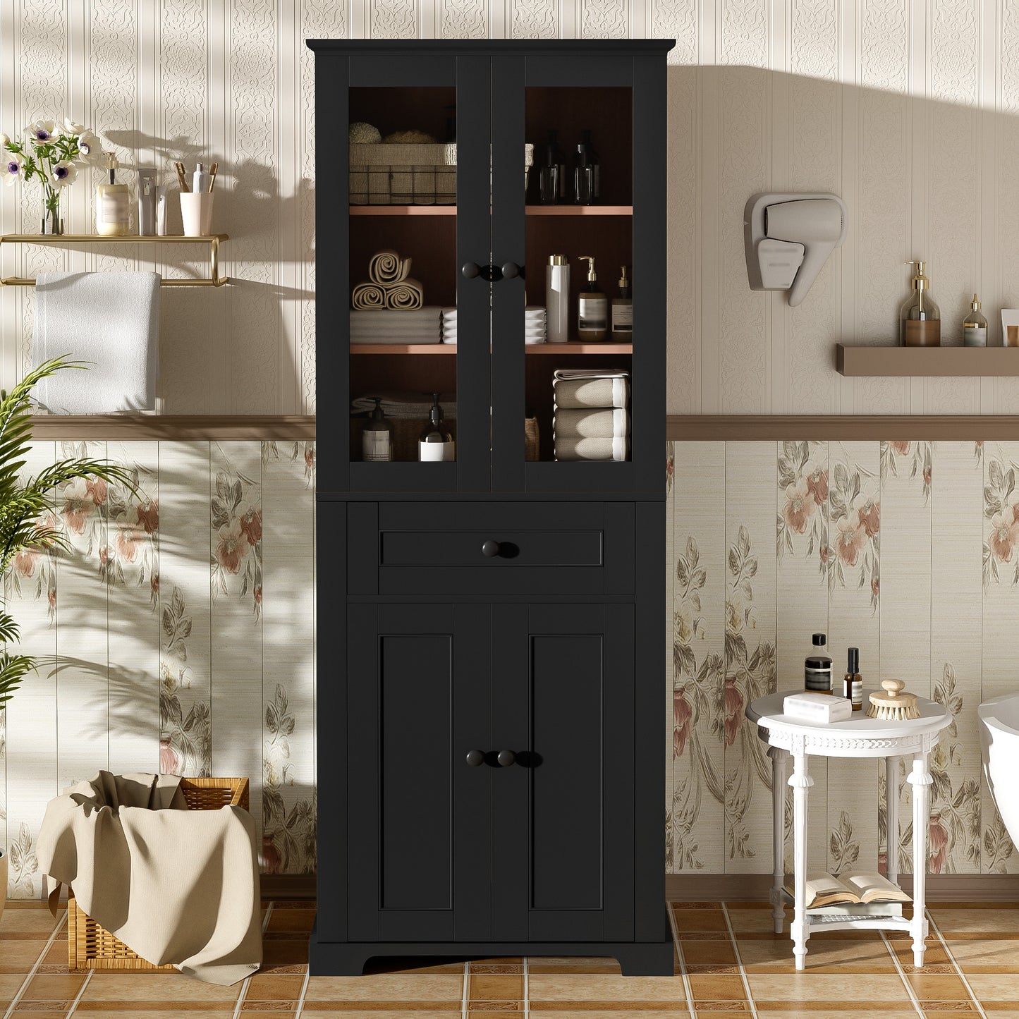 VanityFus Black 15.67-in x 23.96-in x 67.57-in Wood Freestanding Soft Close Linen Cabinet adjustable shelves 4 Soft close doors 1 drawers
