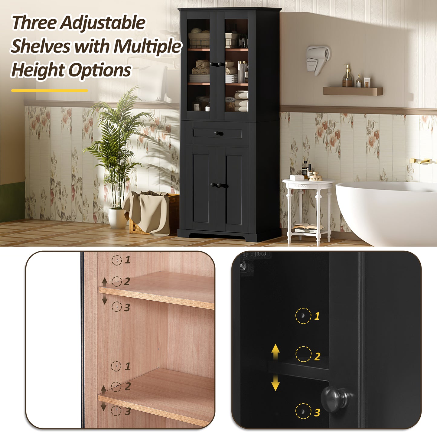 VanityFus Black 15.67-in x 23.96-in x 67.57-in Wood Freestanding Soft Close Linen Cabinet adjustable shelves 4 Soft close doors 1 drawers
