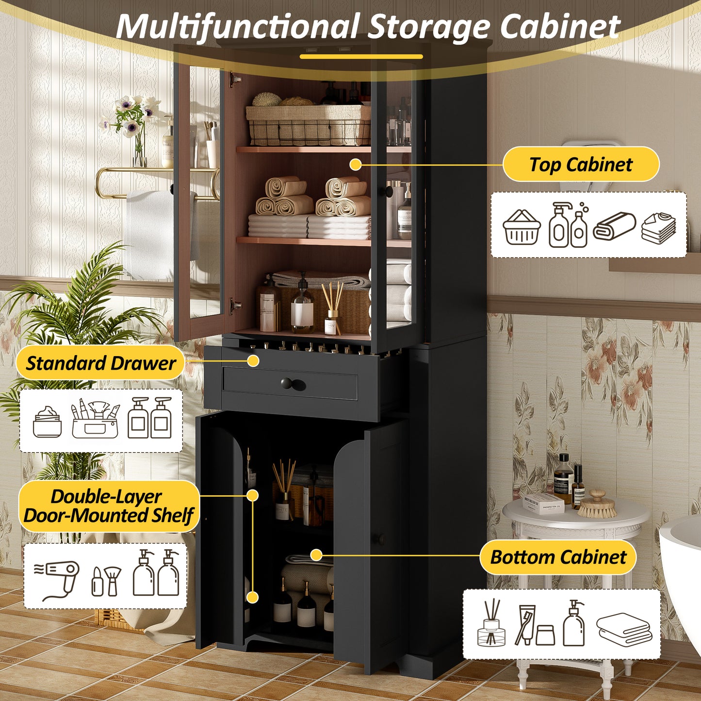 VanityFus Black 15.67-in x 23.96-in x 67.57-in Wood Freestanding Soft Close Linen Cabinet adjustable shelves 4 Soft close doors 1 drawers