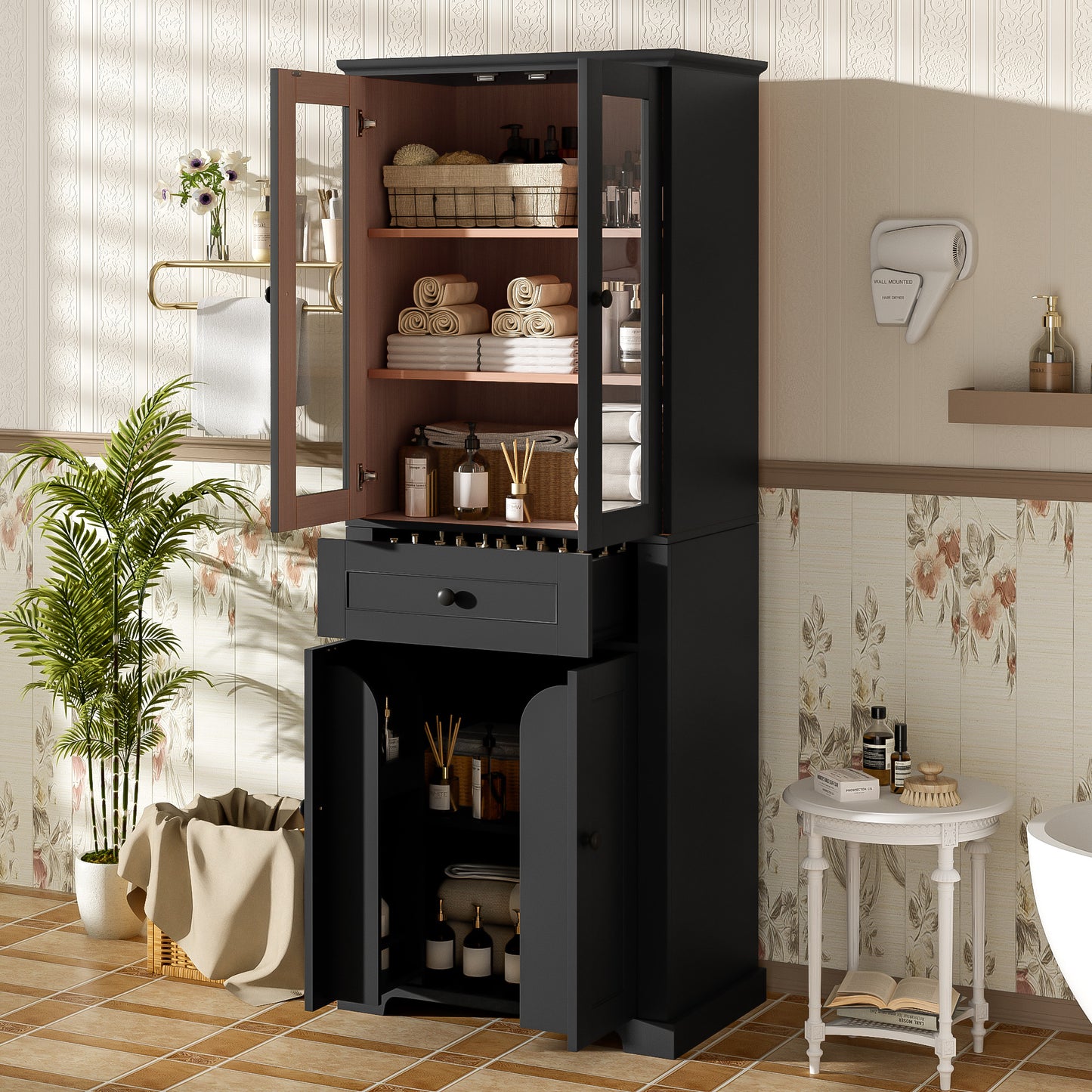 VanityFus Black 15.67-in x 23.96-in x 67.57-in Wood Freestanding Soft Close Linen Cabinet adjustable shelves 4 Soft close doors 1 drawers