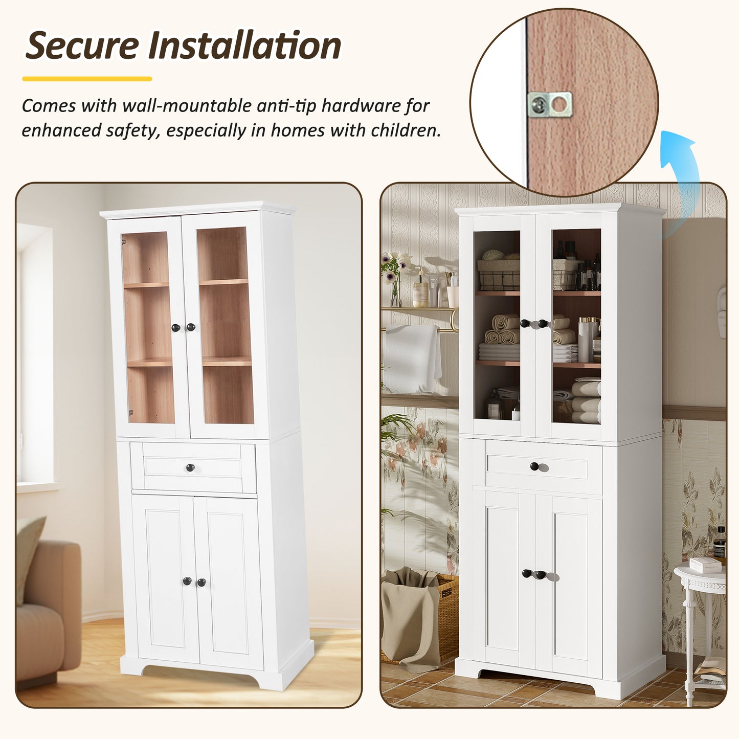 VanityFus White 15.67-in x 23.96-in x 67.57-in Wood Freestanding Soft Close Linen Cabinet adjustable shelves 4 Soft close doors 1 drawers