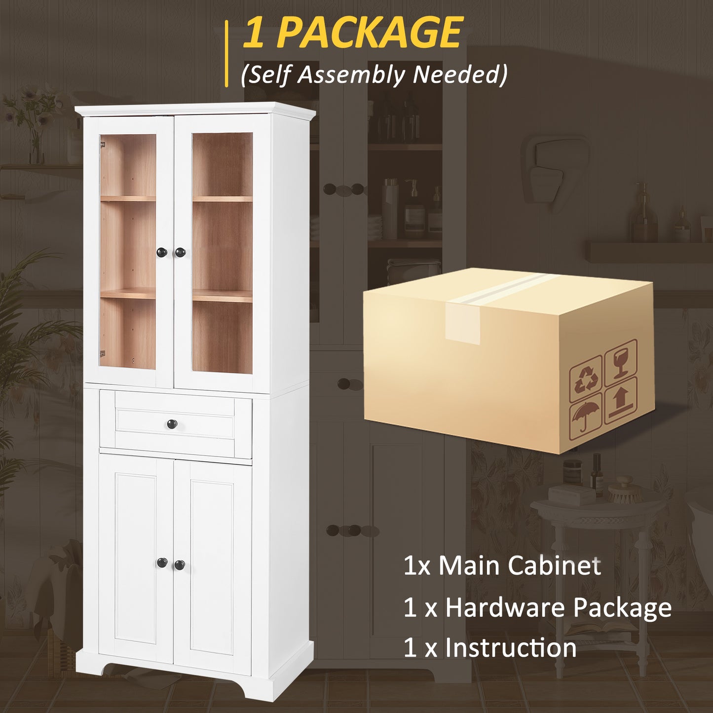 VanityFus White 15.67-in x 23.96-in x 67.57-in Wood Freestanding Soft Close Linen Cabinet adjustable shelves 4 Soft close doors 1 drawers