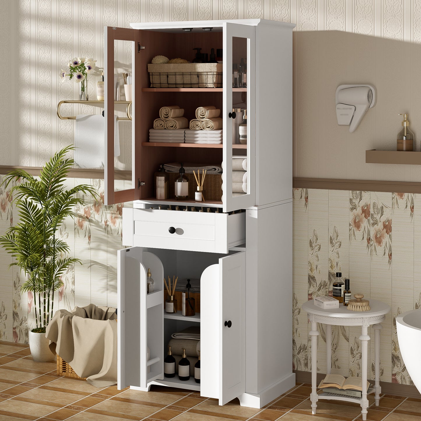 VanityFus White 15.67-in x 23.96-in x 67.57-in Wood Freestanding Soft Close Linen Cabinet adjustable shelves 4 Soft close doors 1 drawers