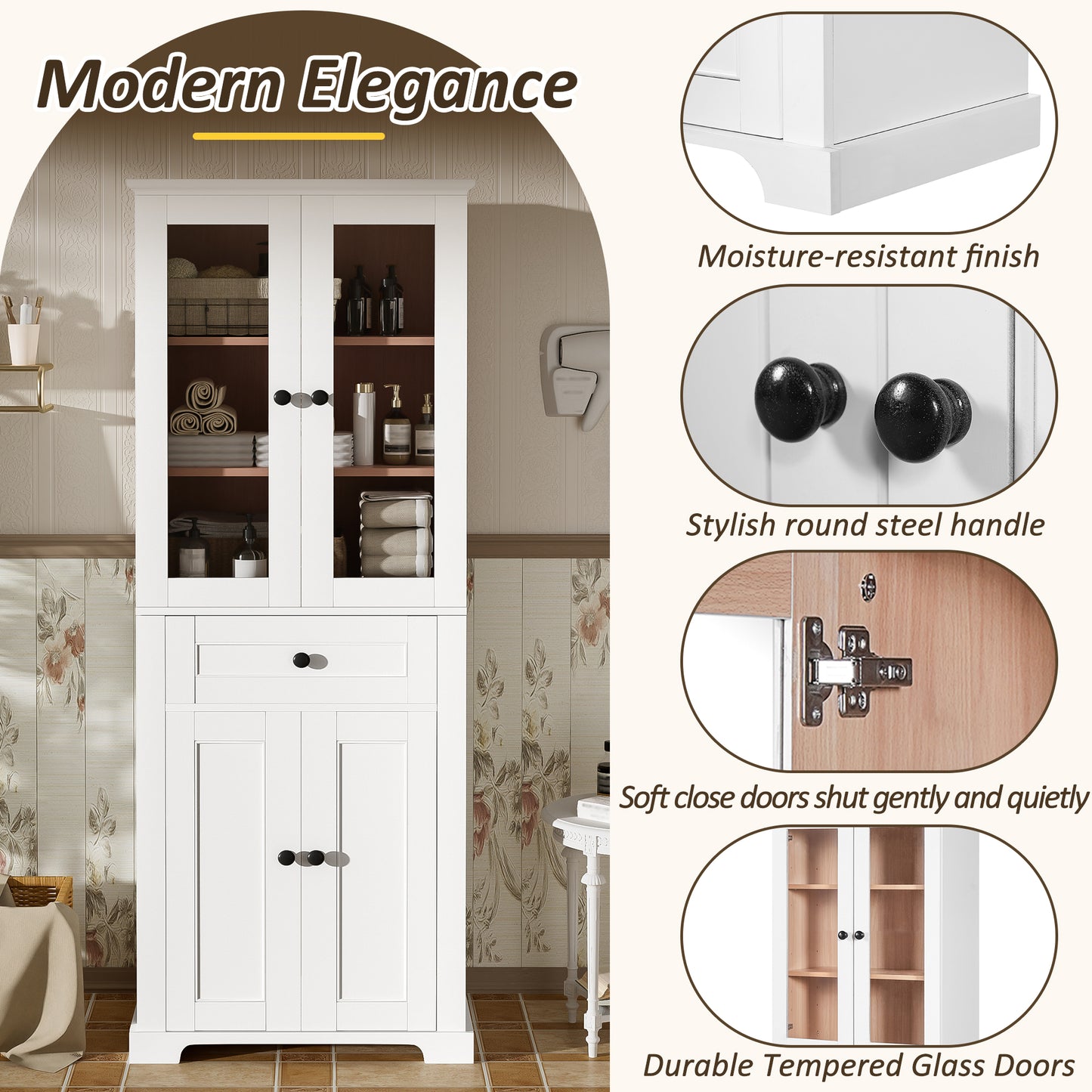VanityFus White 15.67-in x 23.96-in x 67.57-in Wood Freestanding Soft Close Linen Cabinet adjustable shelves 4 Soft close doors 1 drawers