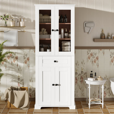 VanityFus White 15.67-in x 23.96-in x 67.57-in Wood Freestanding Soft Close Linen Cabinet adjustable shelves 4 Soft close doors 1 drawers