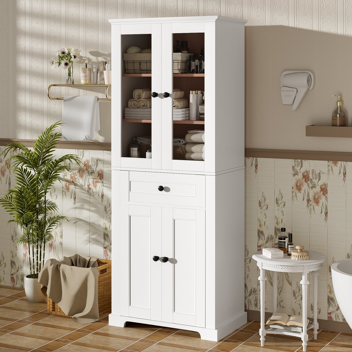 VanityFus White 15.67-in x 23.96-in x 67.57-in Wood Freestanding Soft Close Linen Cabinet adjustable shelves 4 Soft close doors 1 drawers