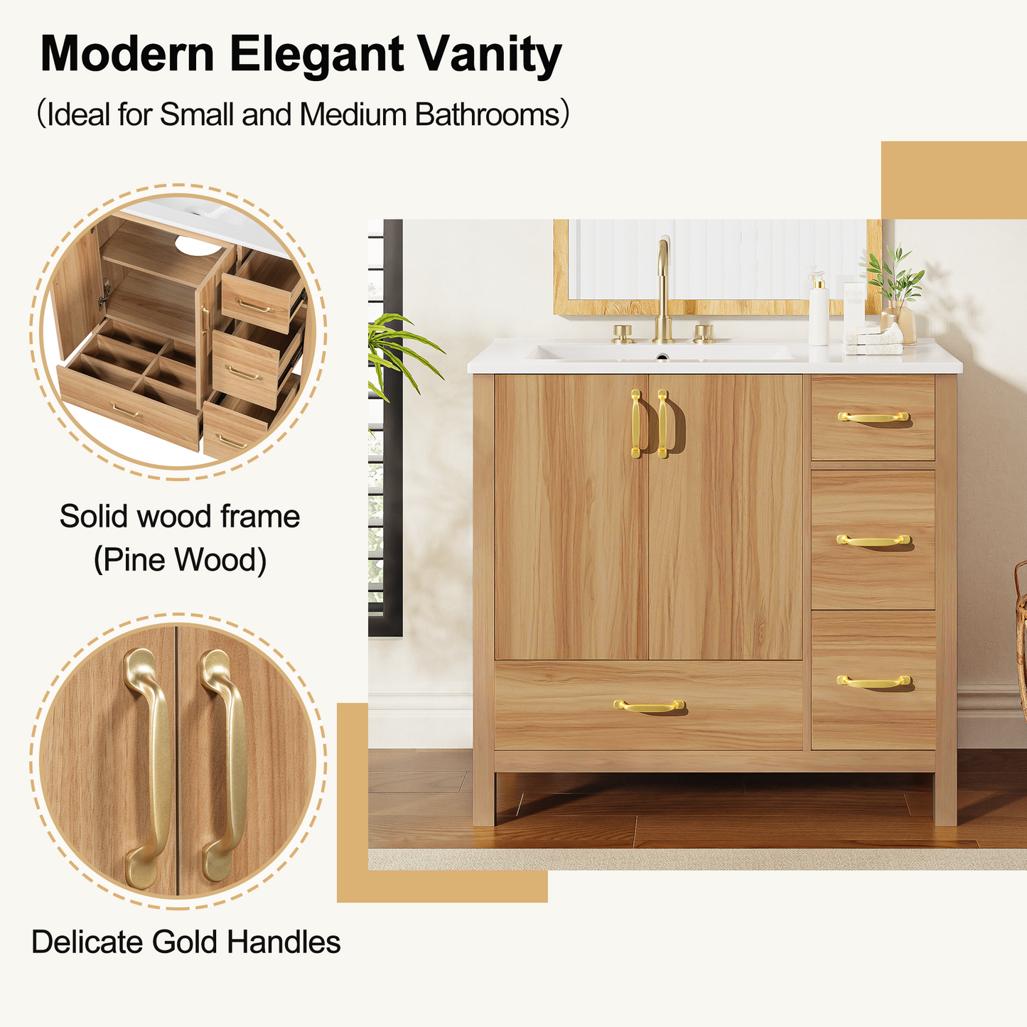 VanityFus 36-in Bathroom Vanity Single Sink Combo Wood Ceramic Top 2 Soft-Close Doors 4 Drawer Adjustable shelves