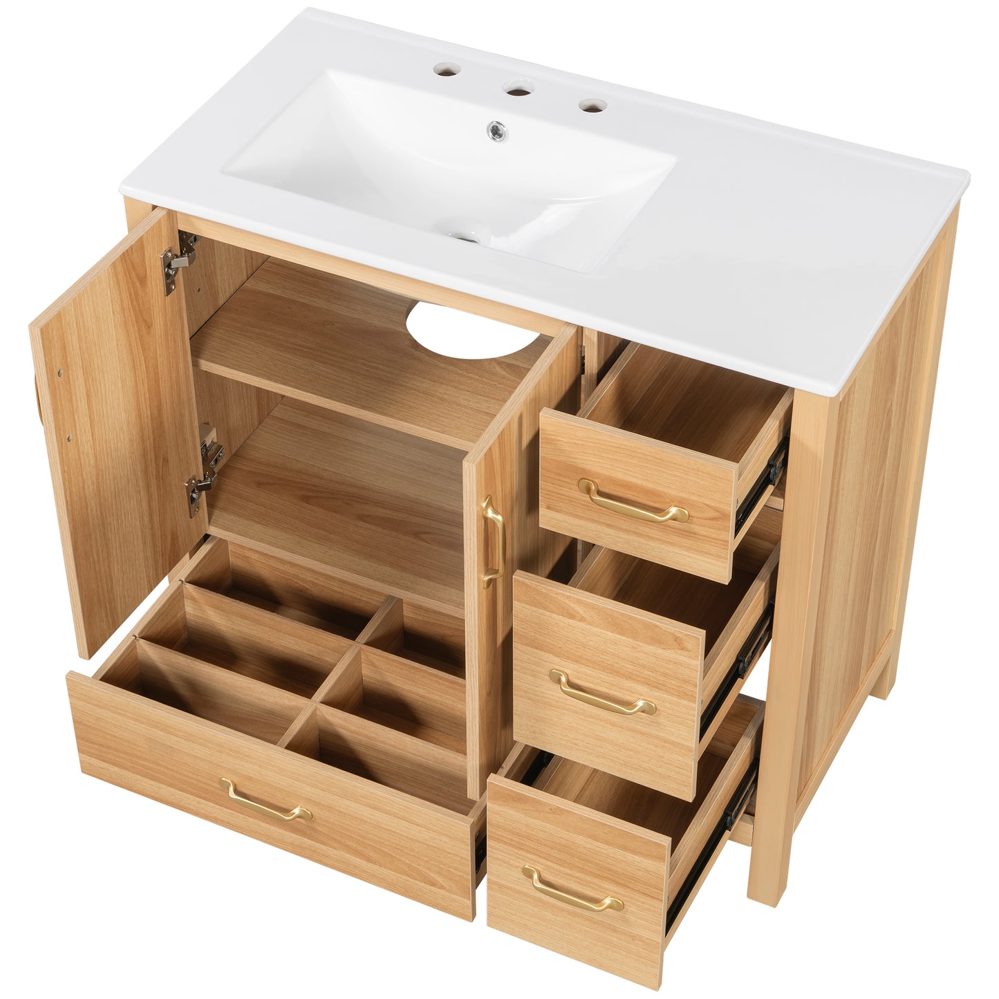 VanityFus 36-in Bathroom Vanity Single Sink Combo Wood Ceramic Top 2 Soft-Close Doors 4 Drawer Adjustable shelves