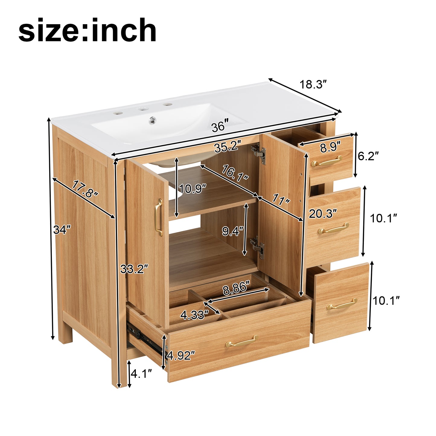 VanityFus 36-in Bathroom Vanity Single Sink Combo Wood Ceramic Top 2 Soft-Close Doors 4 Drawer Adjustable shelves
