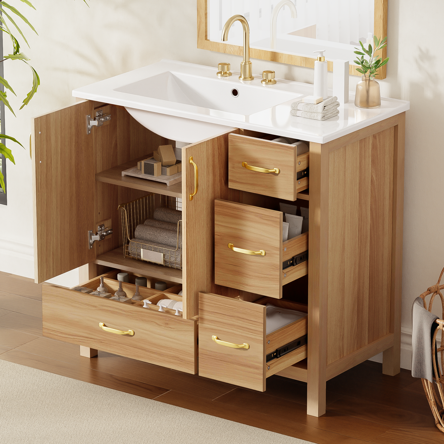 VanityFus 36-in Bathroom Vanity Single Sink Combo Wood Ceramic Top 2 Soft-Close Doors 4 Drawer Adjustable shelves