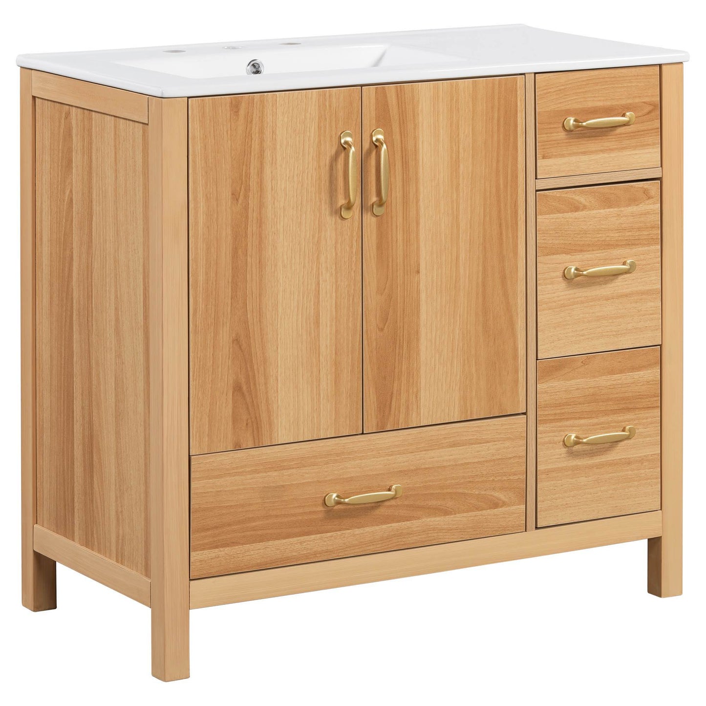 VanityFus 36-in Bathroom Vanity Single Sink Combo Wood Ceramic Top 2 Soft-Close Doors 4 Drawer Adjustable shelves